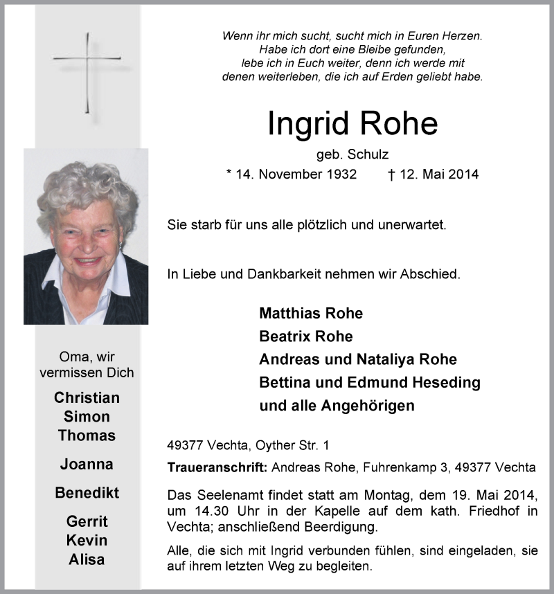  Traueranzeige für Ingrid Rohe vom 14.05.2014 aus OM-Medien
